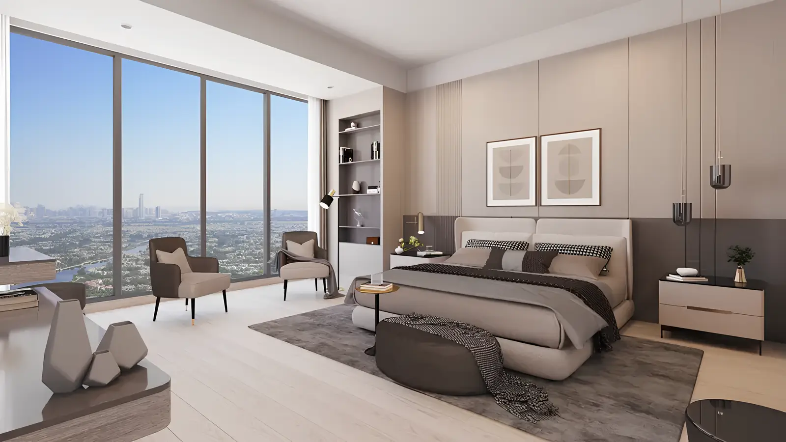 Bedroom overlooking the city shown in the ME DO RE "Me Do Re Residential Tower" catalogue, Jumeirah Lakes Towers, Dubai