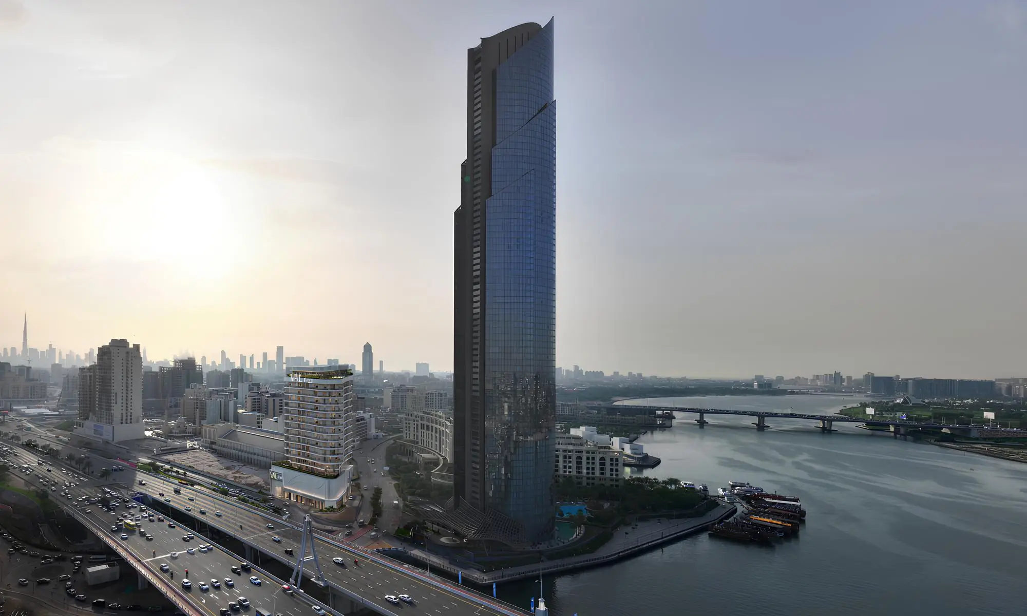 Tower and surrounding roads beside water in the VAL by KASCO project render