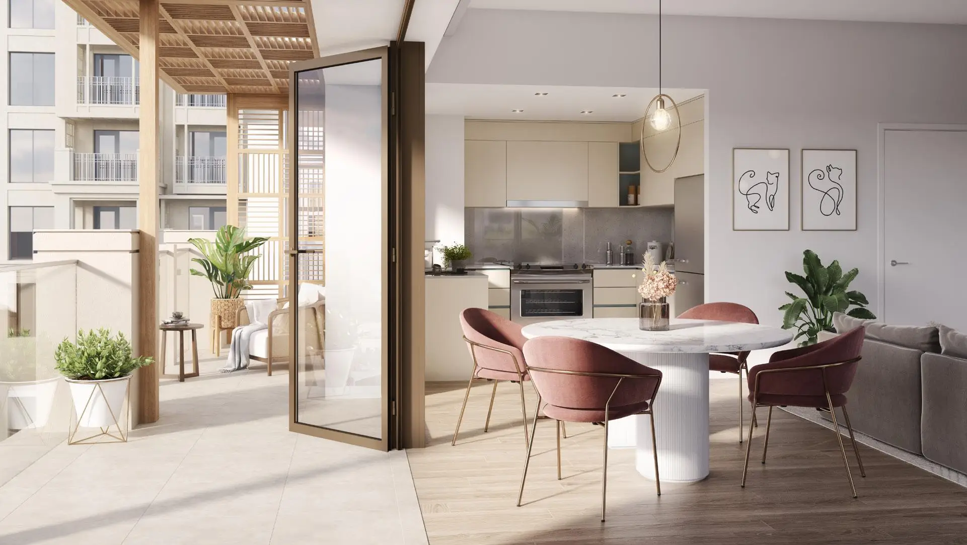 Living and dining area beside an open kitchen shown in the EMAAR "Orchid" catalogue, Dubai