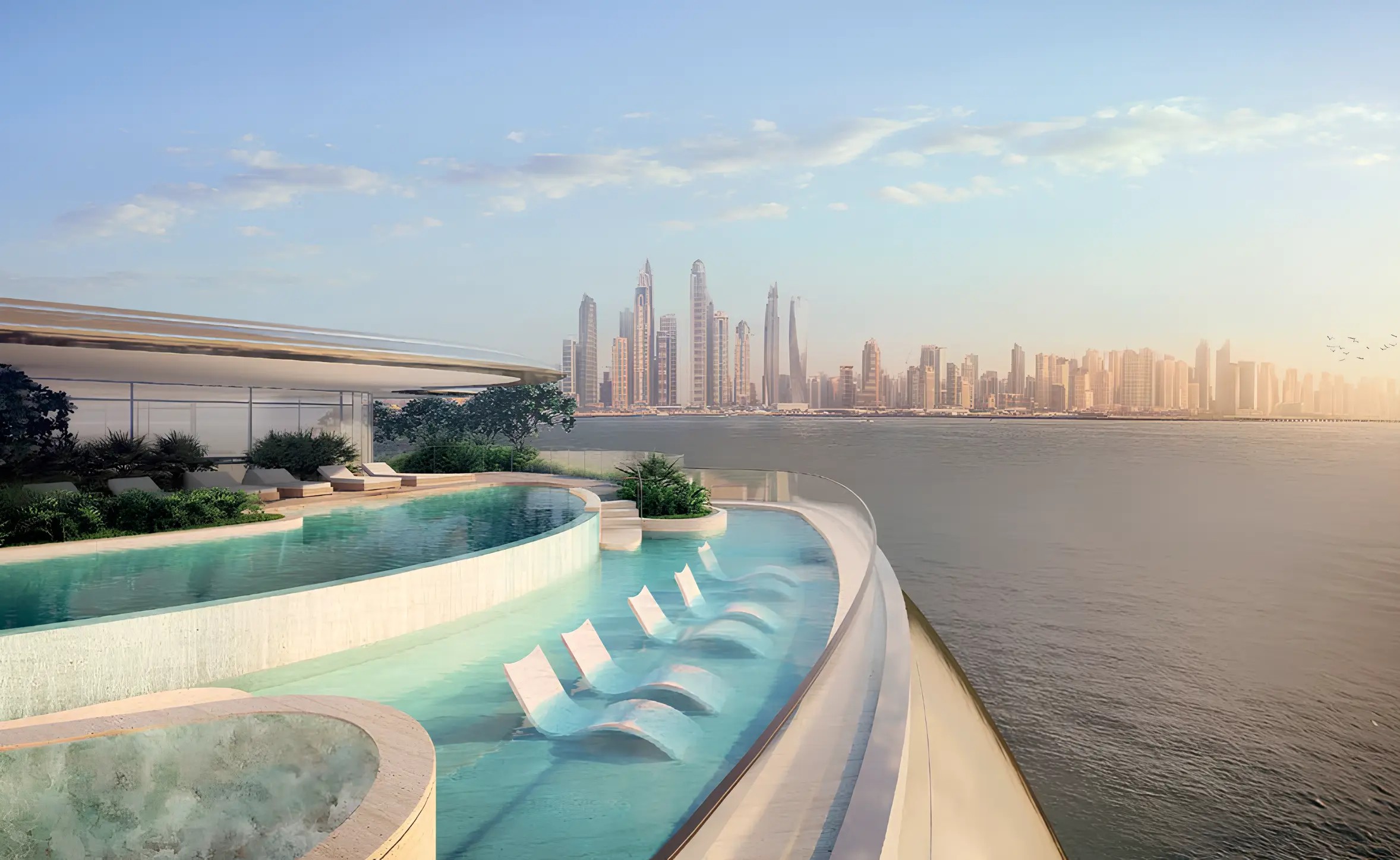 Curved pool terrace facing the water in the SLS Residences Palm Jumeirah project render