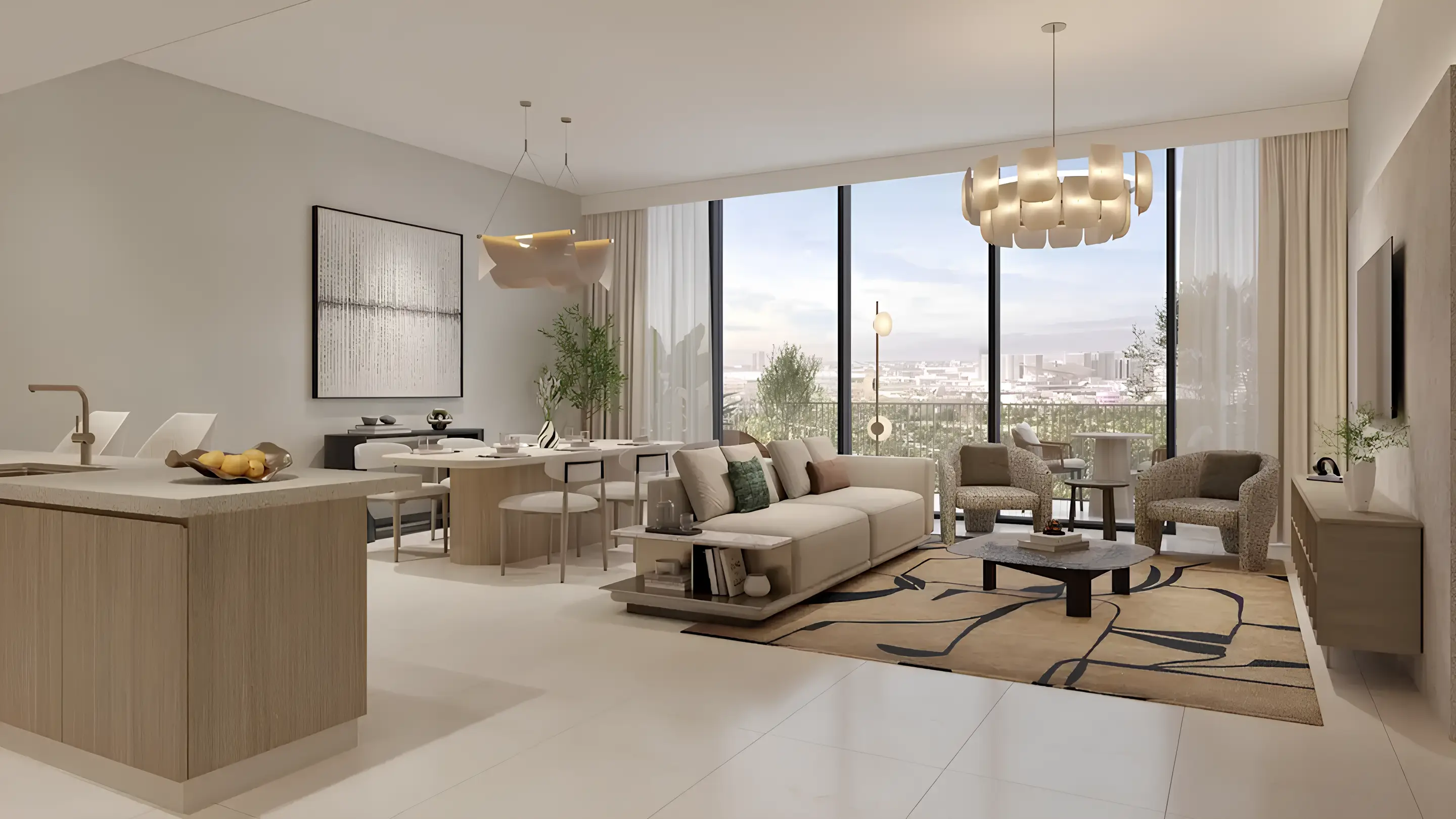 Living and dining room beside an open kitchen shown in the EXPO CITY "Expo Valley Views - Dana" catalogue, Dubai