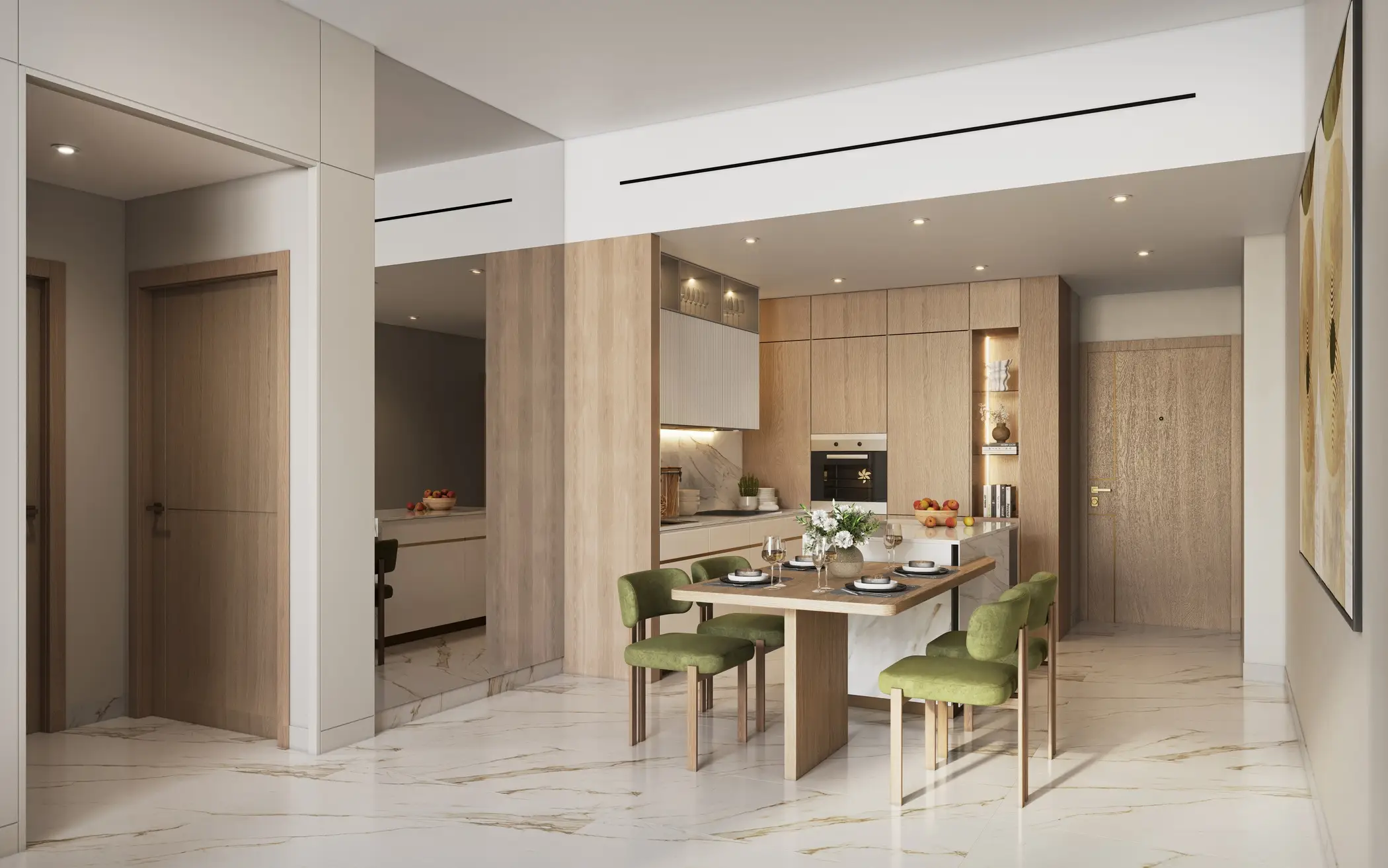 Kitchen and dining space with wall cabinets in the Aark Terraces project render