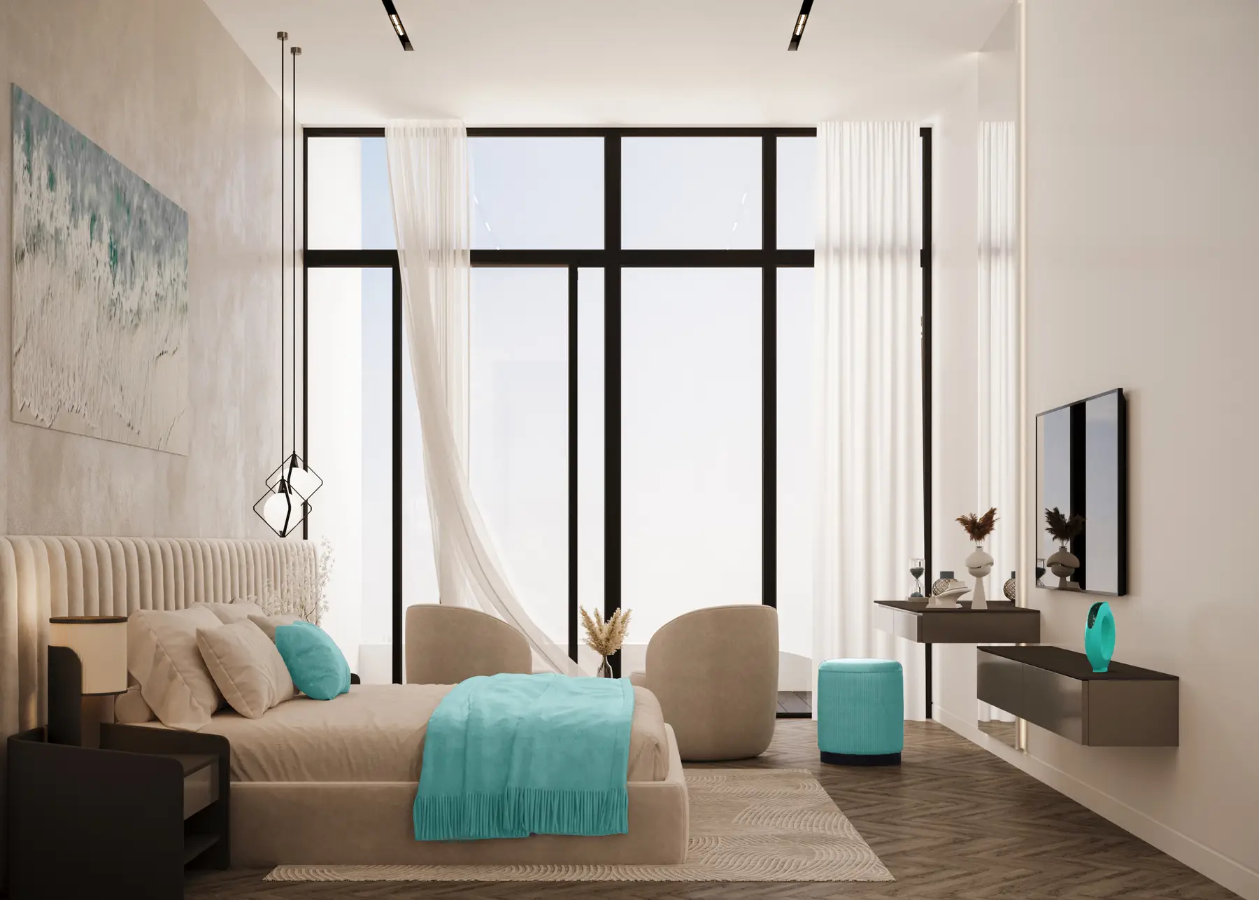 Bedroom interior shown in the REEF LUXURY DEVELOPMENTS "REEF 999" catalogue, Al Furjan, Dubai