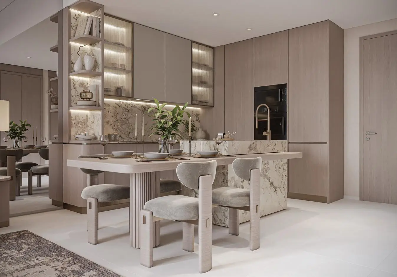 Dining area and kitchen shown in the AVELON "Trevino" catalogue, Jumeirah Village Circle, Dubai
