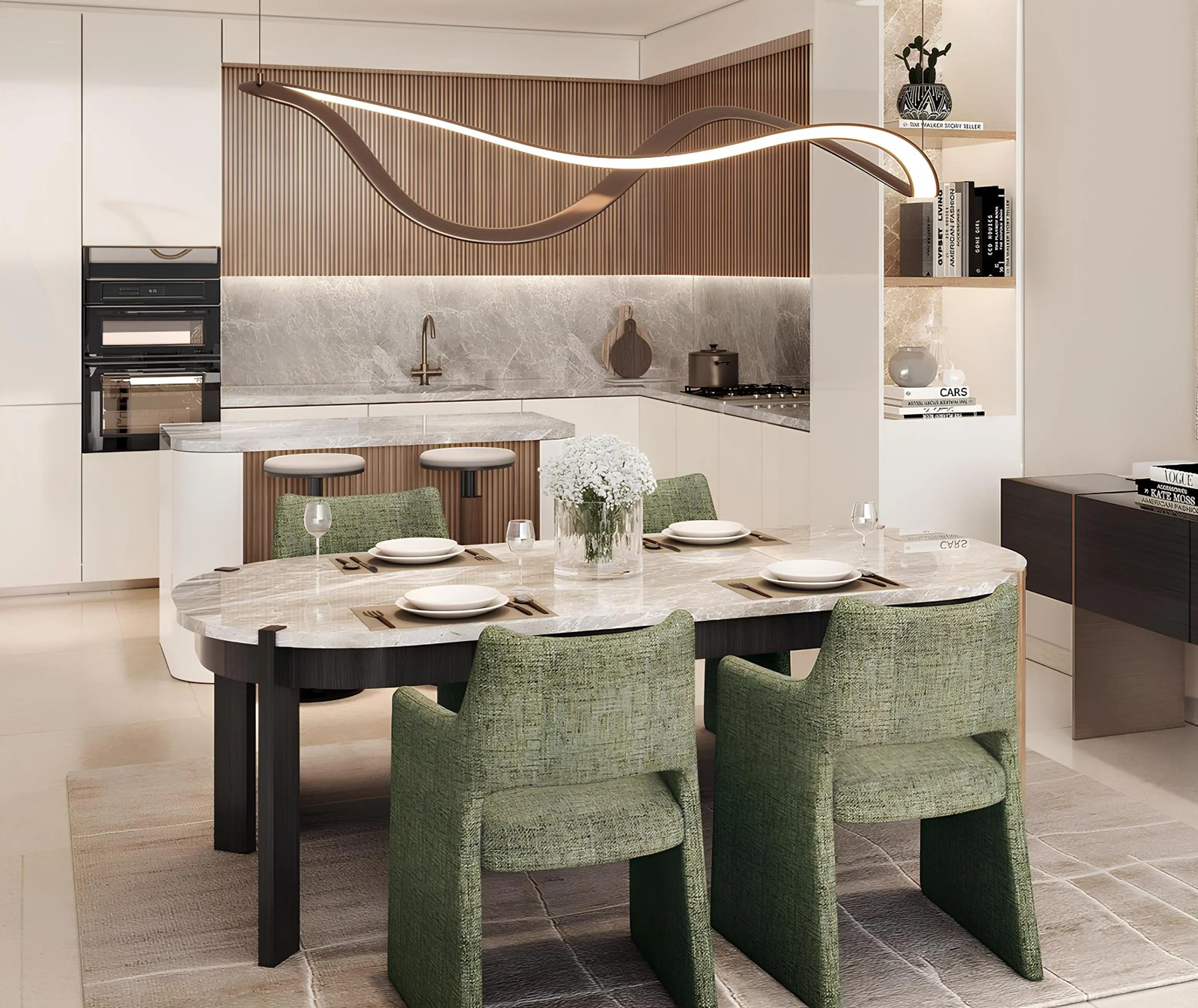 Dining table and fitted kitchen in the Marriott Residences JLT interior visualisation