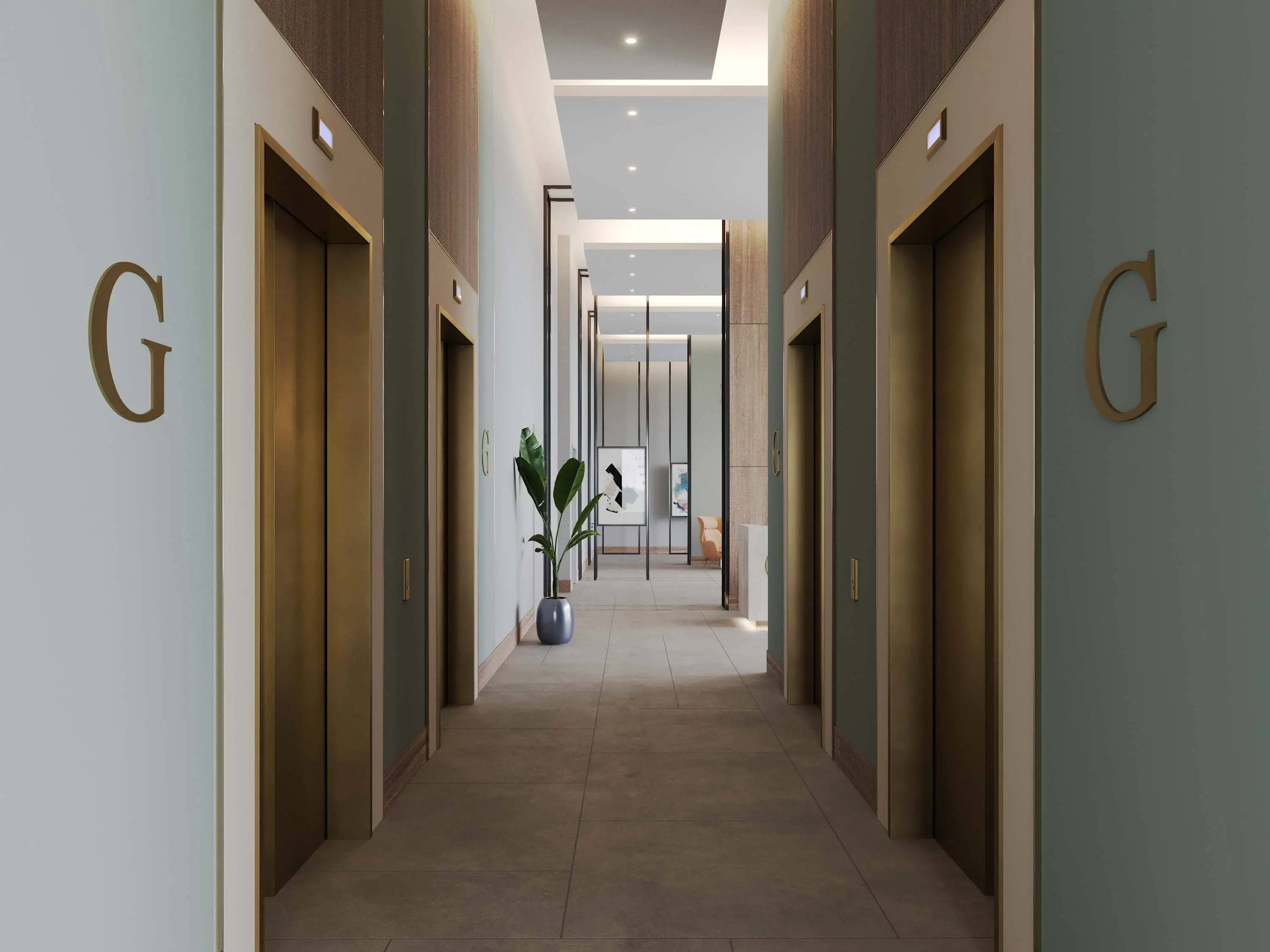 Lift lobby with a corridor between lift doors in the Peninsula Two project render Lift lobby with a corridor between lift doors in the Peninsula Two project render