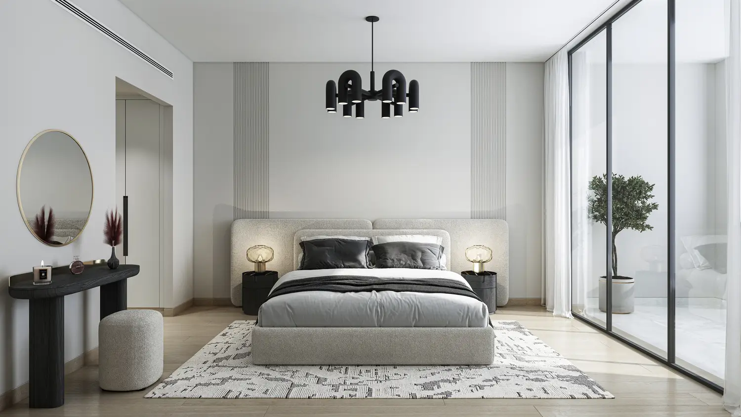 Bedroom beside mirrored wardrobe doors in The Corner project render