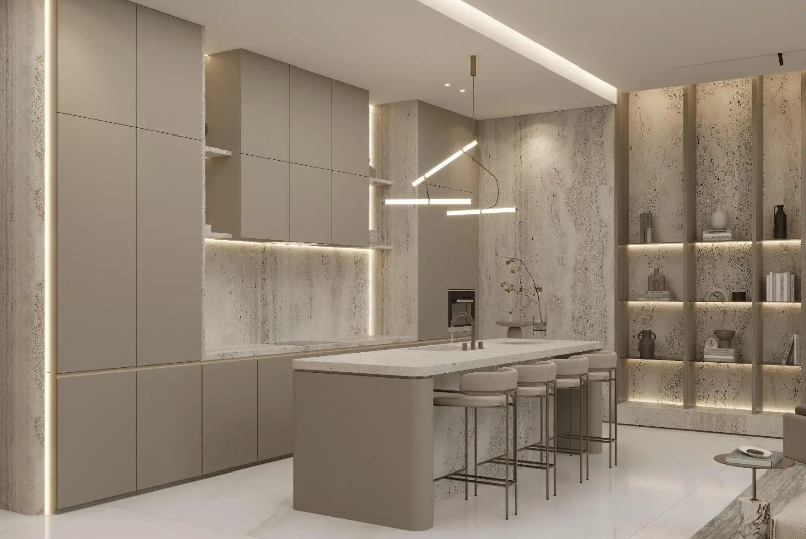 Kitchen with an island and breakfast seating shown in the WELLINGTON "Villa - Dubai Hills" catalogue, Dubai