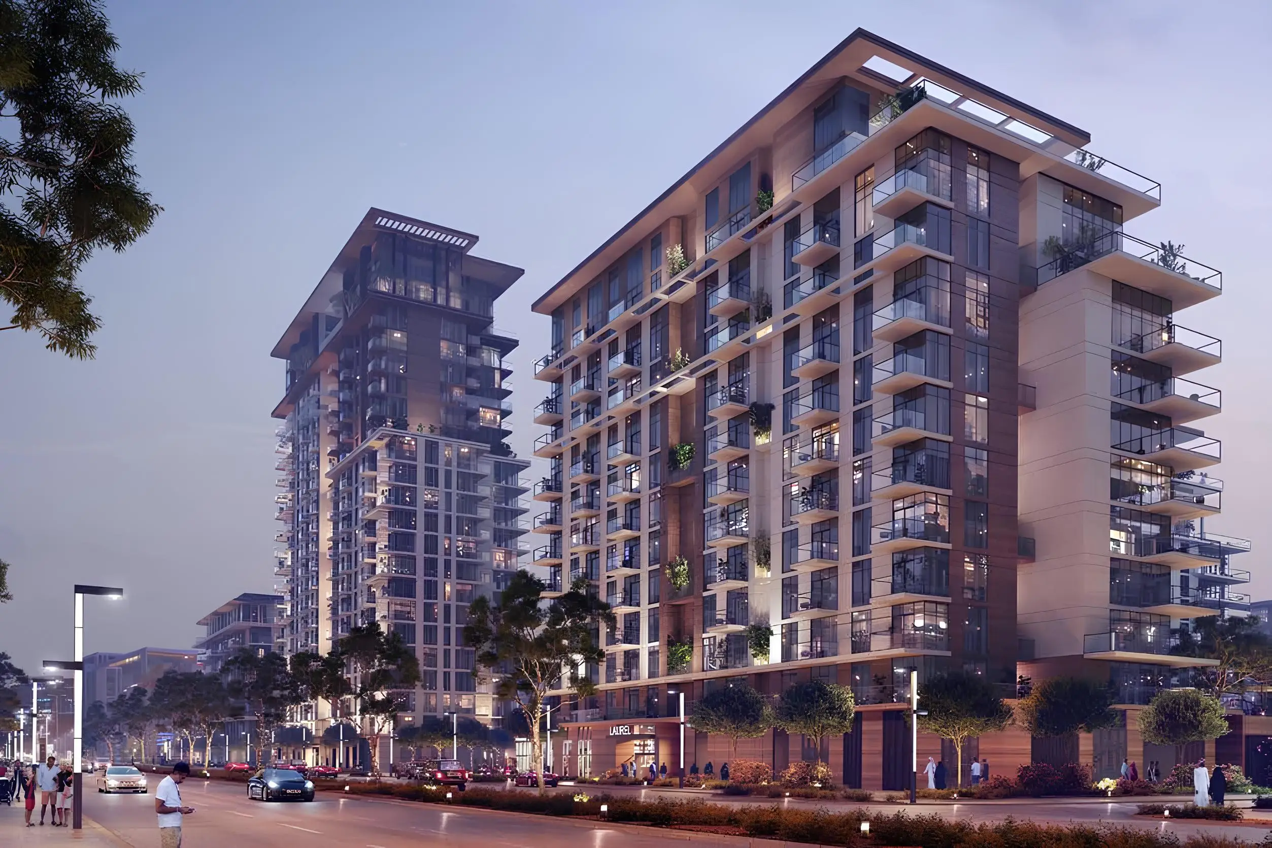 Residential buildings along an urban street shown in the MERAAS "Laurel" catalogue, Dubai
