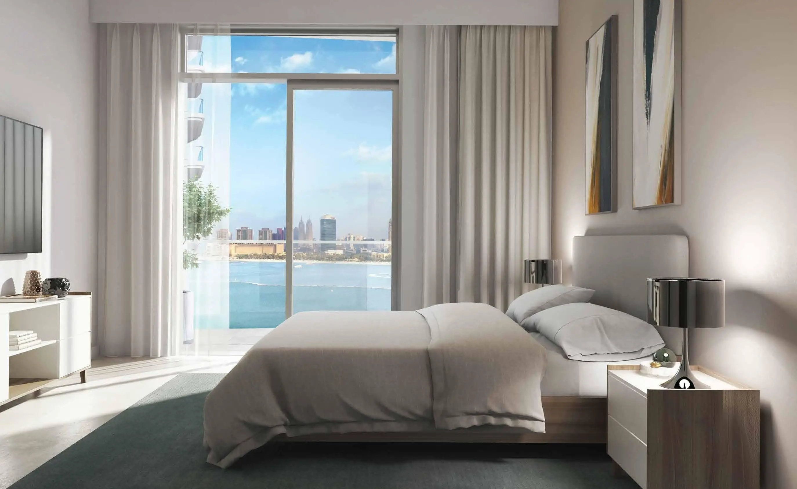 Bedroom beside a waterfront window shown in the EMAAR "Palace Beach Residences" catalogue, Dubai