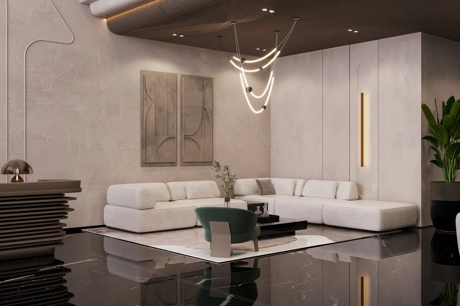 Seating and doorways in the STAX residential lobby render Seating and doorways in the STAX residential lobby render