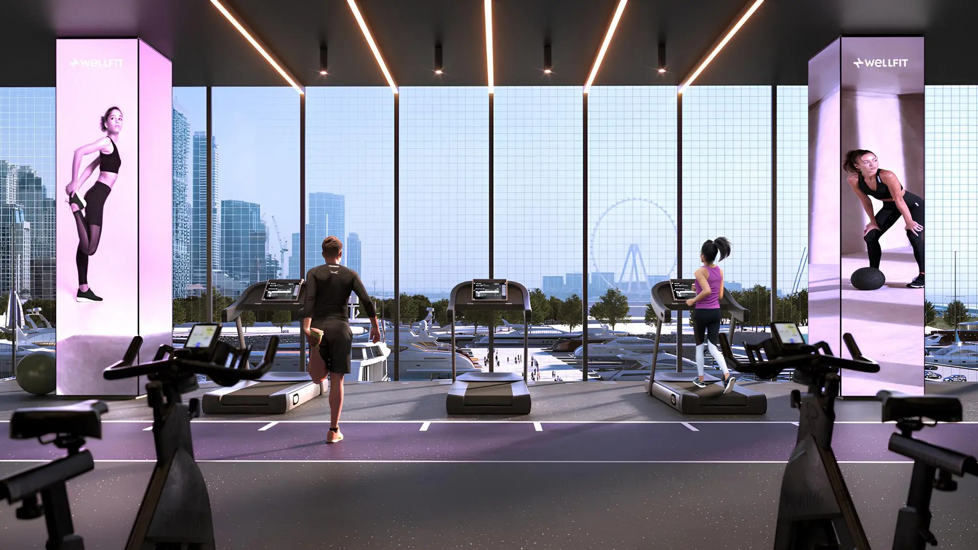Gym equipment overlooking the waterfront in the W Residences Dubai Harbour project render