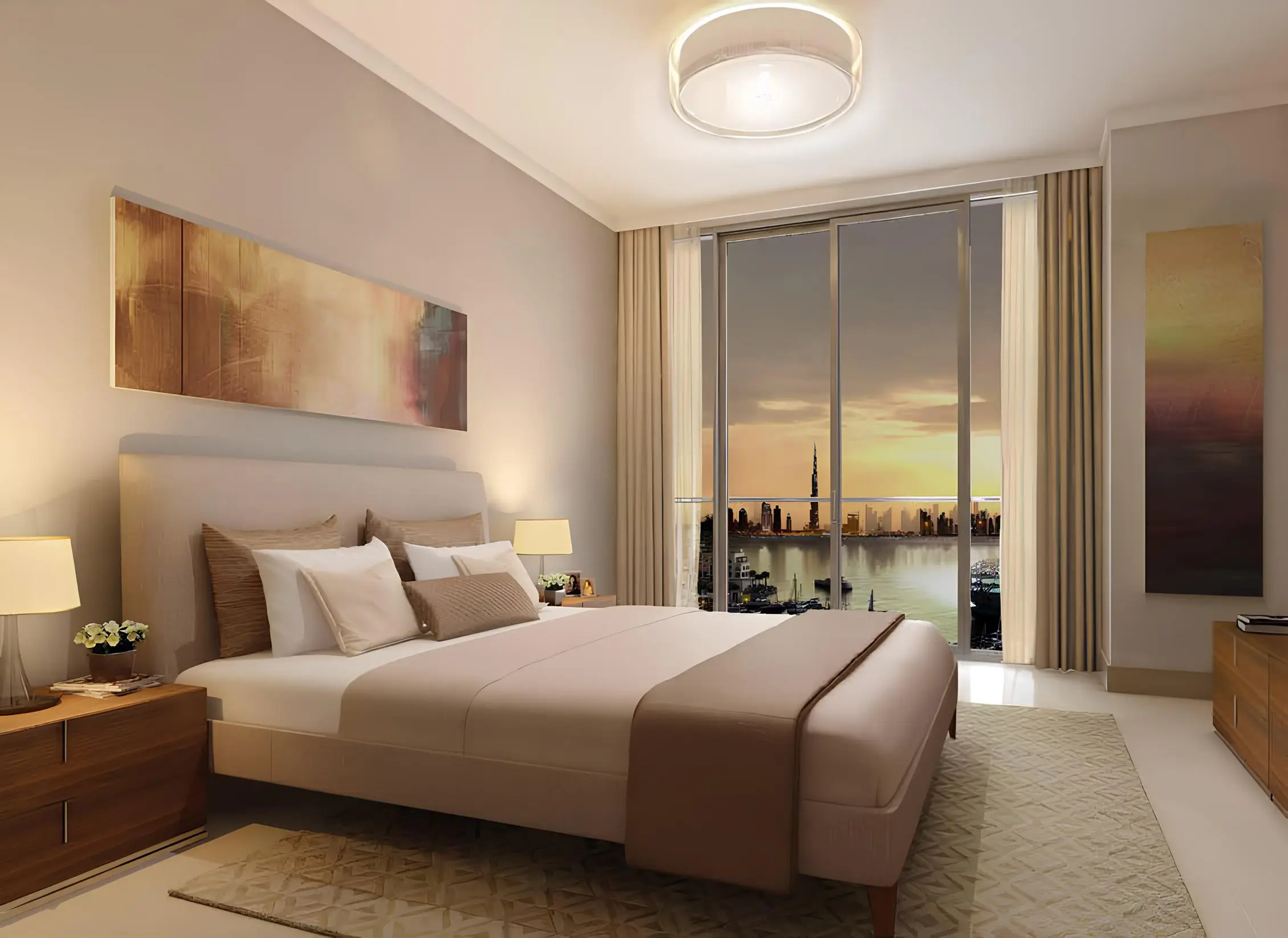 Bedroom beside a large window shown in the EMAAR "DXB Creek Residences" catalogue, Dubai