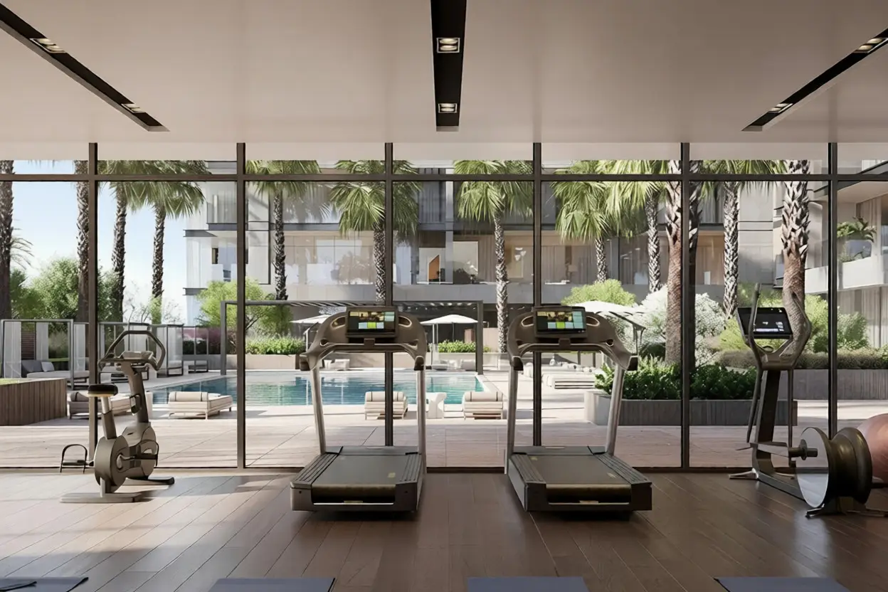 Shared fitness room shown in the NATIONAL PROPERTIES "399 Hills Park" catalogue, Dubai Hills Estate, Dubai