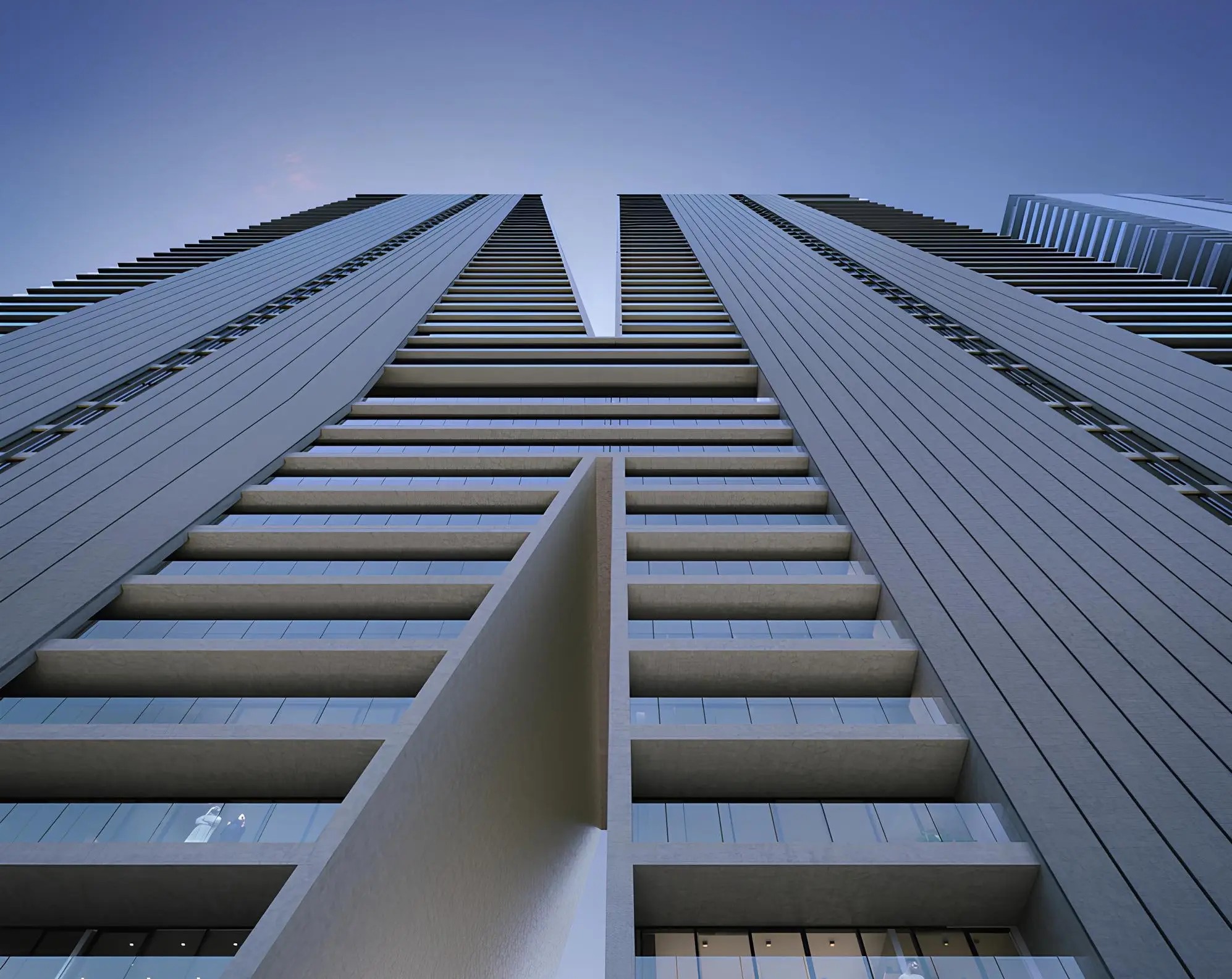Upward view of balconies in the W Residences Dubai Harbour architectural render